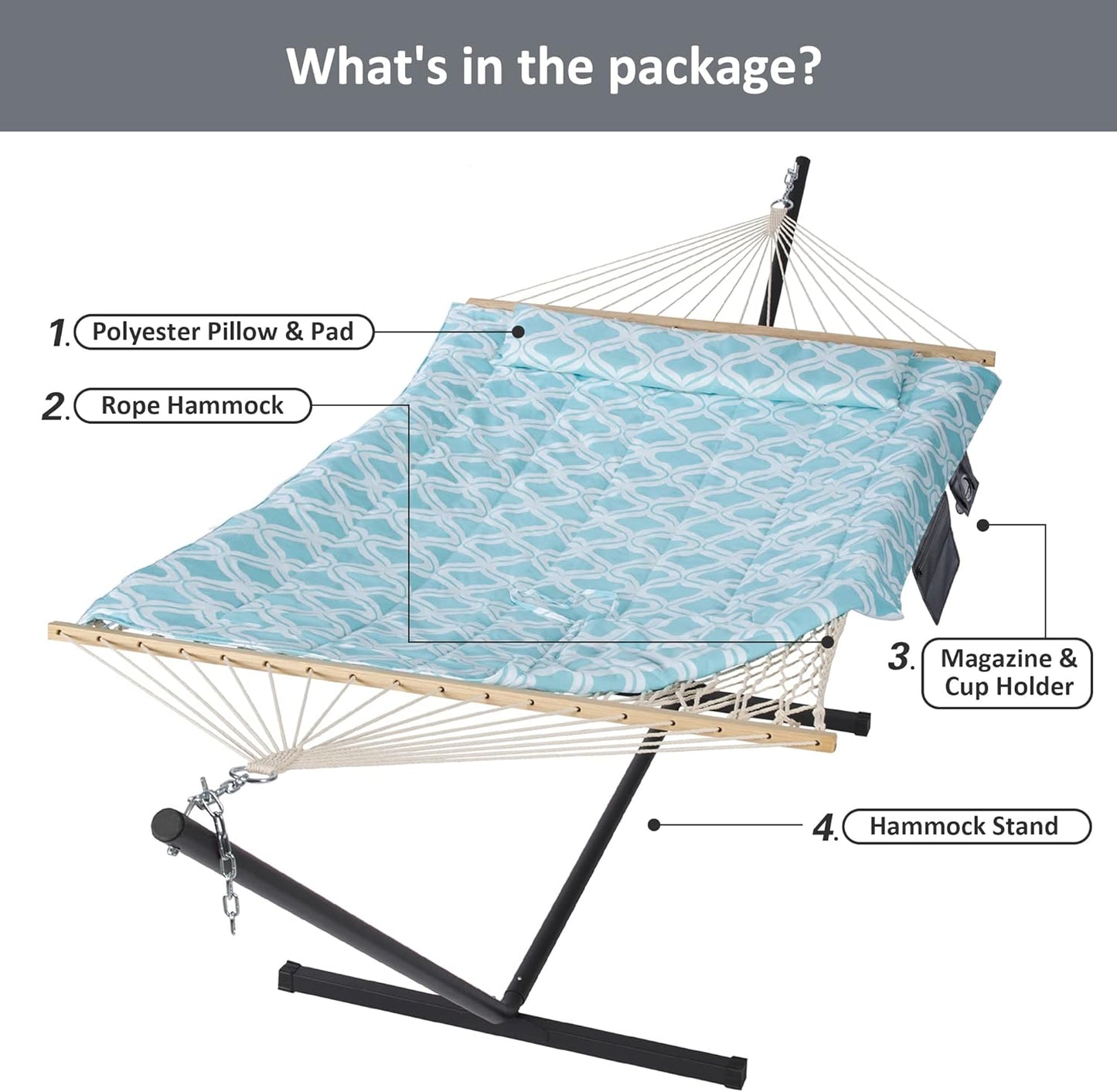 SUNCREAT Patio Hammock with Stand Included, Portable Double Hammock with Stand, Green Pattern