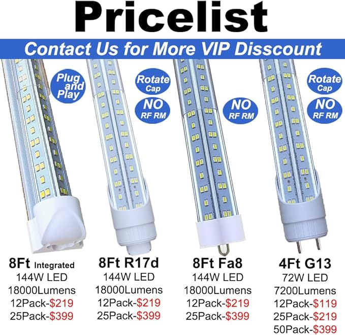 8Ft Led Shop Lights,8 Feet 8' V Shape Integrated LED Tube Light,144W 18000lm Fluorescent Clear Cover Linkable Surface Mount Lamp,Replace T8 T10 T12 Fluorescent Light Cooler Door Freezer Fixture