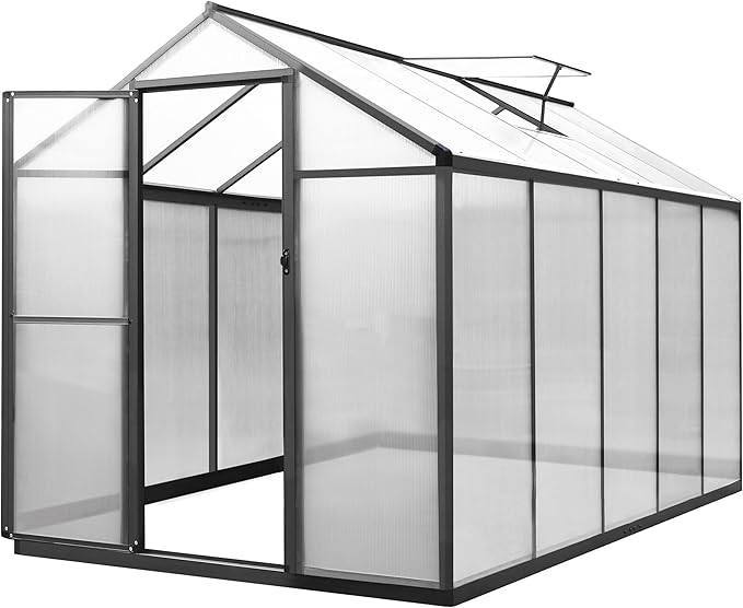 VEIKOU 6' x 10' Greenhouse for Outdoors, Polycarbonate Green House with Adjustable Vent, Aluminum Frame, Rivet Structure, Walk-in Greenhouses for Yard, Garden, Hobby, Grey