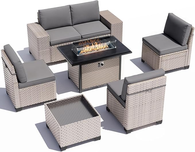 7 Pieces Patio Furniture Set with Fire Pit Table, Outdoor Sectional Wicker Sofa with Thickened Cushions and Coffee Table, High Back Rattan Patio Conversation Sets, Grey