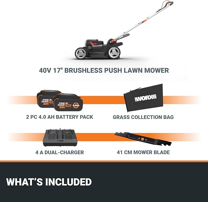 WORX 40V 17'' Cordless Lawn Mower for Medium Size Yards, 2-in-1 Electric Mower Cuts to Edge, Compact & Lightweight Push Lawn Mower with 6-Position Height Adjustment – 2 Batteries & Charger Included