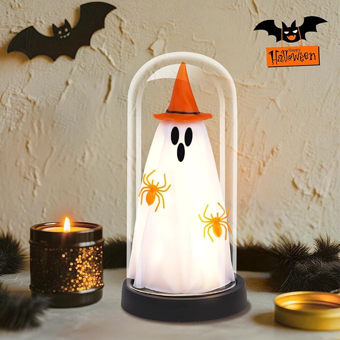 Halloween Decor-Halloween Decorations Indoor-Light Up Ghost in Glass Cloche-Cute Ghost with Light for Home Kitchen Mantel Tabletop Party Decor- Ghost-Orange