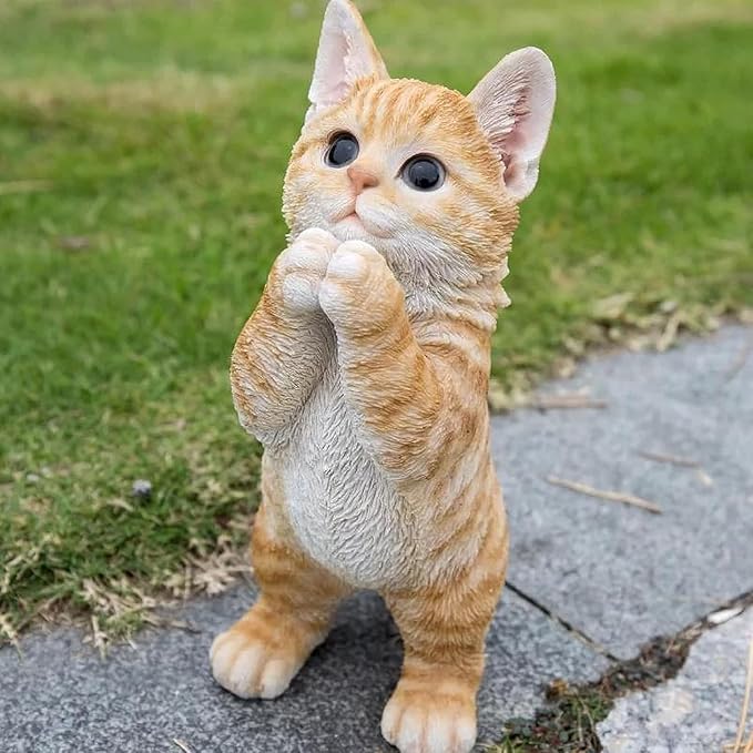 Tabby Praying Cat Statues Outdoor Decorative, Cat Memorial Statue for Yard Lawn Patio Porch, Garden Pet Grave Marker Figures, 5.3" L x 3.7" W x 9.1" H