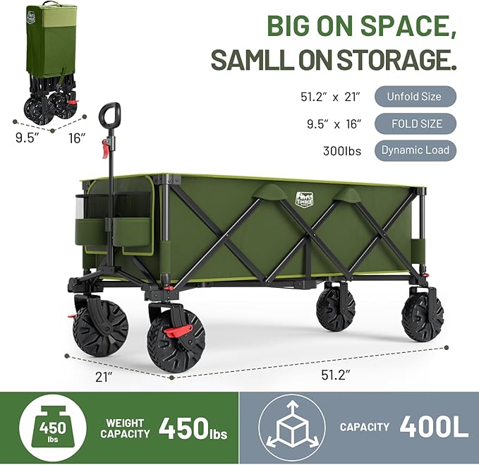 Timber Ridge 51.2'' Extended Collapsible Wagon Cart with Brakes and Cargo Net, Heavy Duty Foldable Utility Wagon with Adjustable Handle, 400L Capacity Portable Cart for Camping Sports Shopping