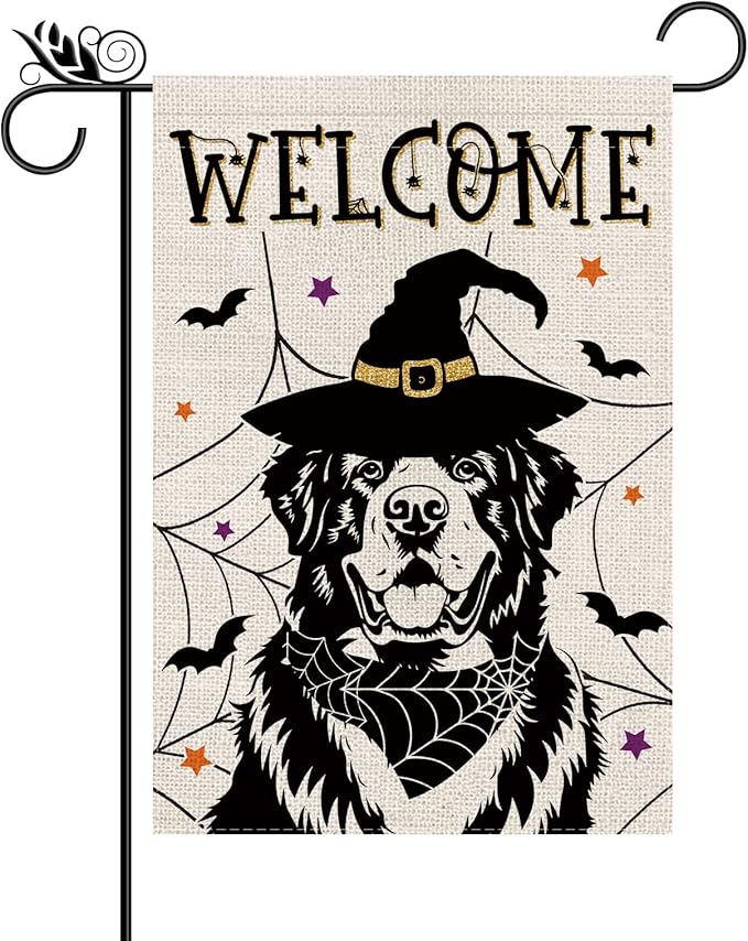 Halloween Garden Flag Saint Bernard Cobweb Bats Double Sided Vertical Welcome Flag Holiday Outdoor Yard Lawn Decorations 12.5 x 18 Inch