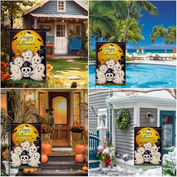 Halloween Garden Flag 12x18 Inch – Cute Ghosts and Pumpkin Skull Yard flag, Double Sided Happy Halloween Outdoor Decoration for Porch, Patio, Lawn, Garden, Birthday Party Décor