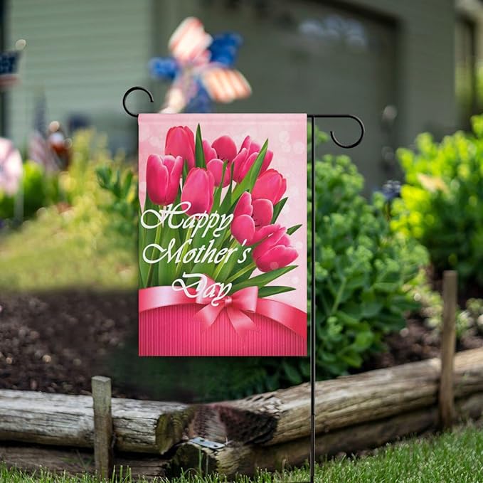 Kcldeci Happy Mother's Day Hoiliday Welcome Garden Flag 12x18 Inch Red Tulips for Mom Yard Flags Large Vertical Double Sided House Flag Seasonal Outside Decor for Yard Farmhouse
