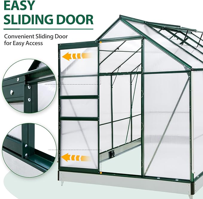 EAGLE PEAK 6x8x7 Outdoor Walk-in Hobby Greenhouse with Adjustable Roof Vent and Rain Gutter, Base and Anchor, Polycarbonate Aluminum Green House for Backyard Garden, Dark Green
