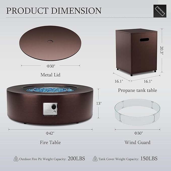 UPHA 42-inch Outdoor Propane Gas Fire Pit Table 50000 BTU Iron Round Firepit for Outside Patio with Tank Hidden Table, Wind Guard, Removable Lid, Blue Glass Rocks, Rain Cover, Brown