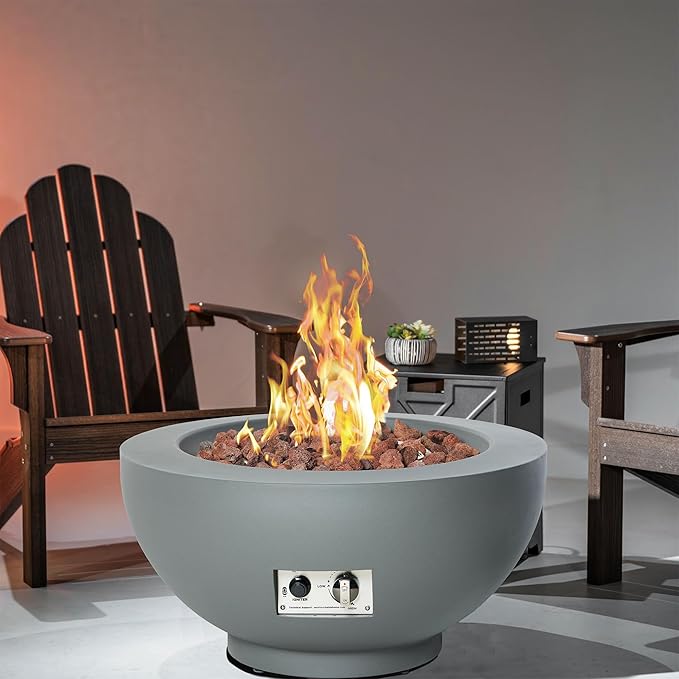 28-Inch Gas Fire Pit with Propane Tank Cover, 50,000 BTU Round Propane Fire Pit Table, Patio Fire Bowl Firepit with Lid, Lava Rocks, Cover, Pre-Attached 10FT Propane Hose, Gray