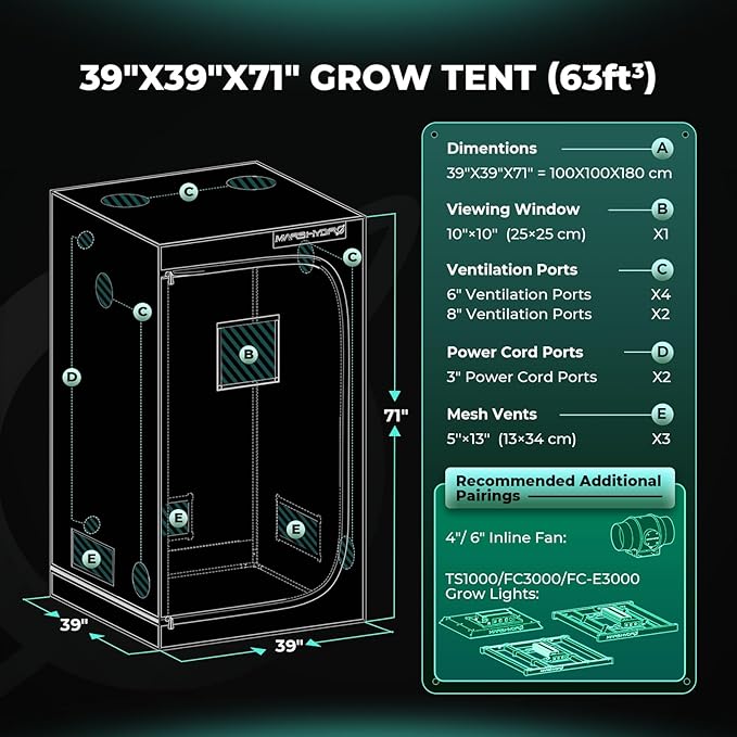 MARS HYDRO 3.3x3.3 Advanced Grow Tent, 39"x39"x71" High Reflective Mylar 1680D for Hydroponics Indoor Plant Growing, with Observation Window,Floor Tray and Smooth Zipper for TS1000/FC3000/FC-E3000