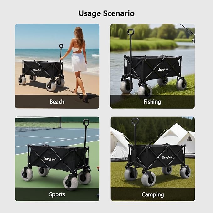 SUNNYFEEL 41''L 550lbs Heavy Duty Beach Wagon with 9" Balloon Tires, 200L Fold Up Wagon Cart Foldable with Side Pocket and Brakes for Camping Sports Garden Shopping (Black)