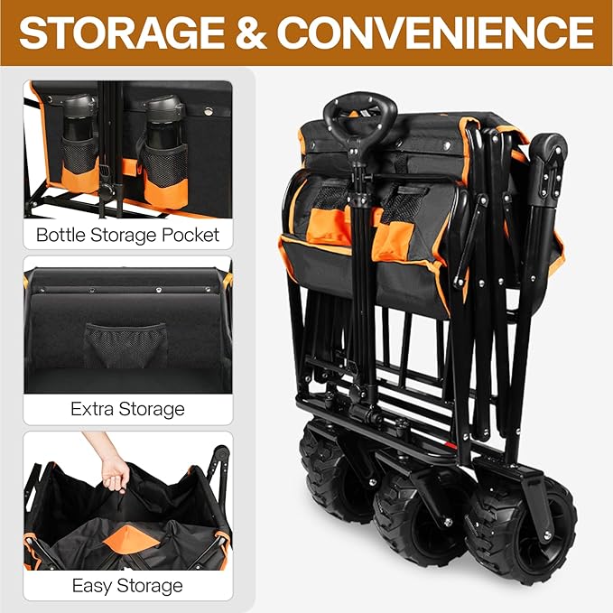 Taifa Foldable Collapsible Wagon Cart with Extra Push Pull Handle, Heavy Duty Portable Folding Beach Utility Grocery Wagon Cart with Big Wheels and Brakes for Sand, Camping, Shopping, Black and Orange