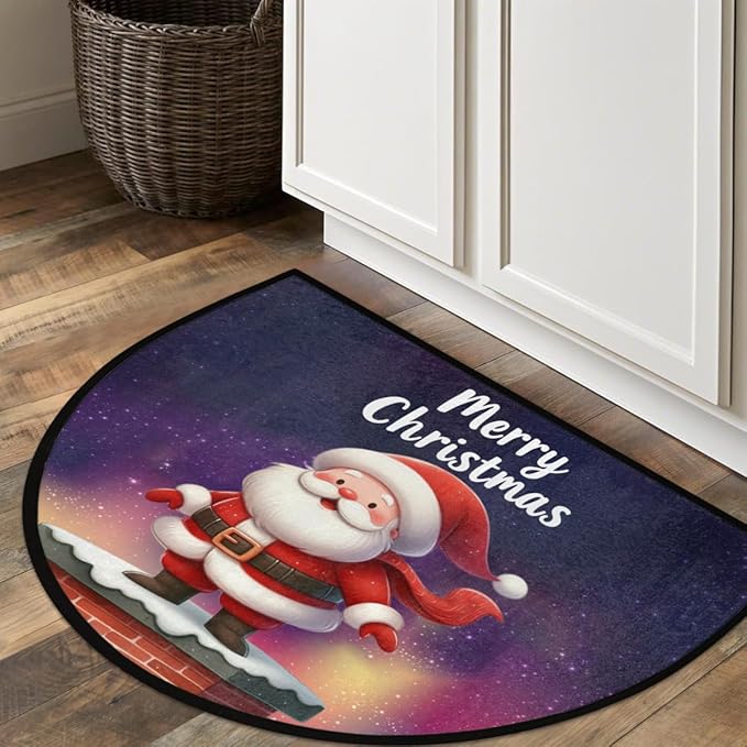 Christmas Half Round Door Mat, Merry Christmas Santa Chimney Semicircle Door Mats, Non Slip Area Rug Soft Doormat for Indoor Entrance Wear Resistant Welcome Mat for Garage Patio Home Decor 24 x 36 In