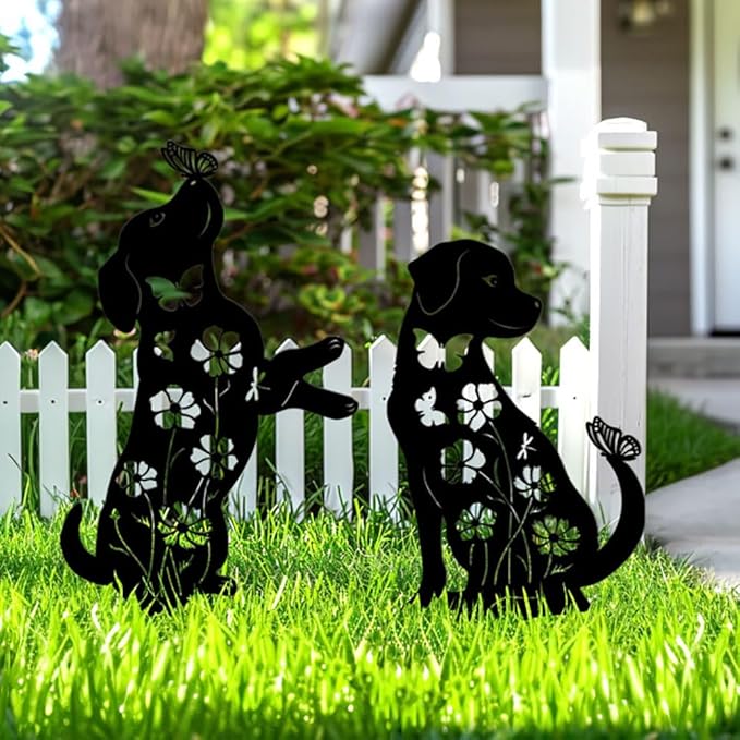 Dog Garden Decor for Outside, 17" Puppy Metal Decorative Garden Stakes, Rust Proof & Weather-Resistant Yard Art Gifts for Dog Lovers, Black Labrador Silhouette Yard Decorations Outdoor Décor