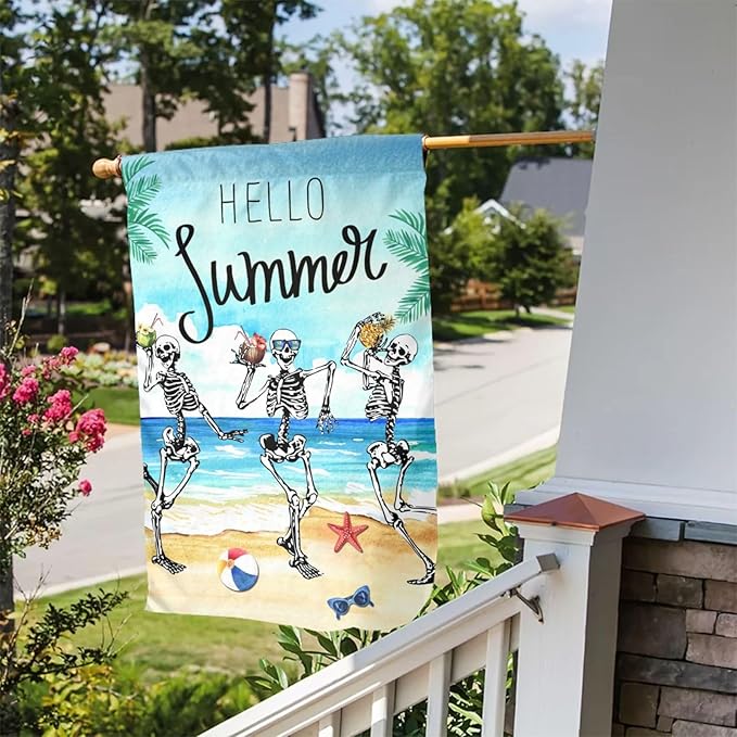 Hello Summer Skeleton Funny Skull Summer Coastal Hawaii Tropical Ocean Garden Flag Welcome Party Outdoor Outside Decorations Picks Home House Garden Yard Decor 12x18 Inch
