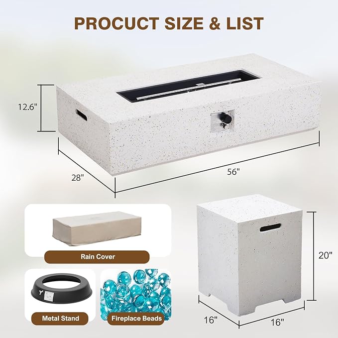 2-Piece Outdoor Propane Fire Pit Table Set – Premium Terrazzo-Like MgO Finish, 56-Inch Gas Fire Table with Tank Table for Patio, Garden & Backyard, Includes Rain Cover & Glass Beads