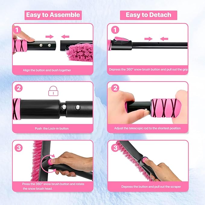44" Ice Scraper and Snow Brush for Car Windshield with Extendable, 360° Pivoting, Soft Bristle Head, Foam Grip, for Car, Truck, SUV Window Tool (Pink)