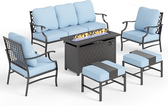Patio Furniture Set, 6 Pcs Metal Outdoor Conversation Set, 2 Single Chairs, 2 Ottomans and 3 Seater Sofa with 5.75" Extra Thick Cushion and Gas Fire Pit Table, Blue