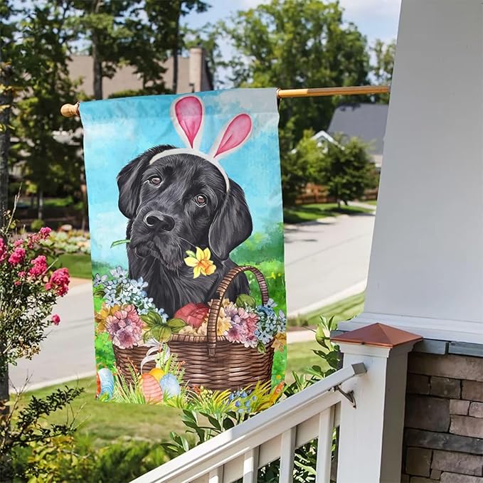 Labrador Dog Lab Black Flower Egg Happy Easter Garden Flag Welcome Party Outdoor Outside Decorations Picks Home House Garden Yard Decor 12x18 Inch