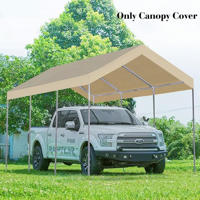 Rutile 10'x20' Carport Canopy ONLY Tent Garage Replacement Top Tarp Car Shelter Cover w/Ball Bungees Beige (Only Top Cover, Frame is not Included)