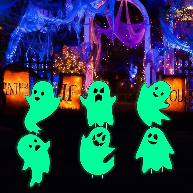 6Pcs Scary Halloween Ghost Yard Decorations Glow in The Dark, 17"x12" Waterproof Light Up Yard Stakes for Spooky Outdoor and Indoor Haunted Displays, Suitable for Lawn, Party and Home Decor