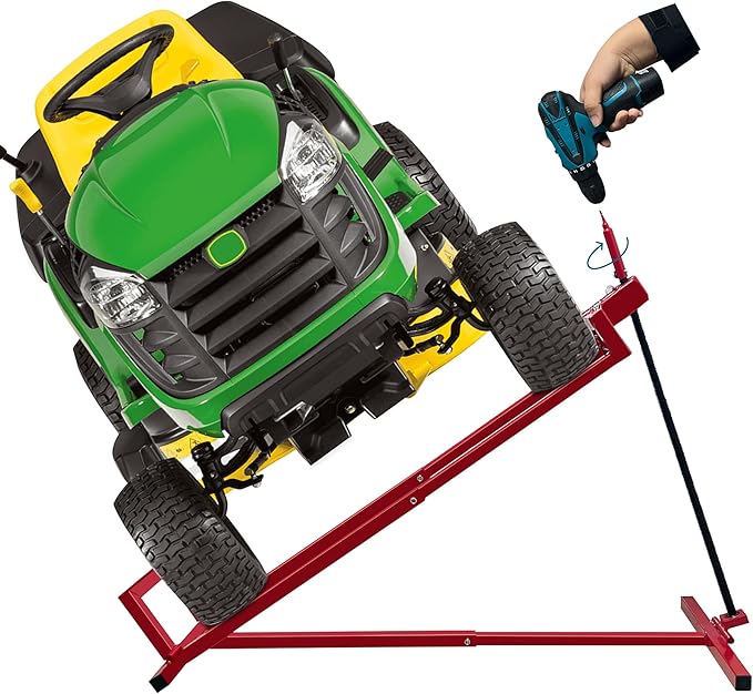 Riding Mower Lift,890 Lbs Capacity Lawn Mower Lift Jack with Manual Handle and Power Tool Extension Handle,Foldable Design,Ride on Lawn Mower Lift for Lawn Mowers and Garden Tractors, Red