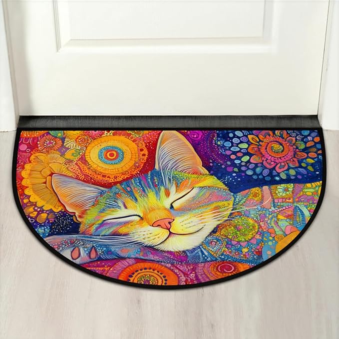 cfpolar Non-Slip Soft Half Round Door Mat, Colorful Nap Cat Semicircle Mat for Indoor Entrance Garage Bath Living Room Patio 24 x 36 in
