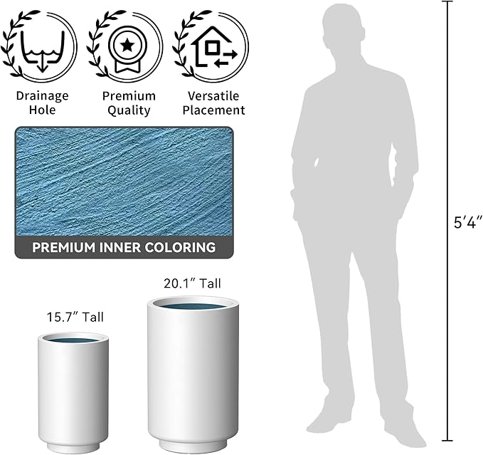 Kante 15.7 Inch Tall Concrete Planter, Round Pedestal Design Garden Pot for Indoor Outdoor Plants, Modern Garden Pot with Drainage Hole, White Finish with Aqua Blue Interior