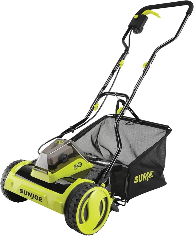 Sun Joe Cordless Push Reel Lawn Mower, 15” Yard Trimmer w/ 11.9-Gal Bag, 24V, Black/Green - Heavy-Duty Gardening Machine and Equipment for Grass, Backyard, Garden, and Patio