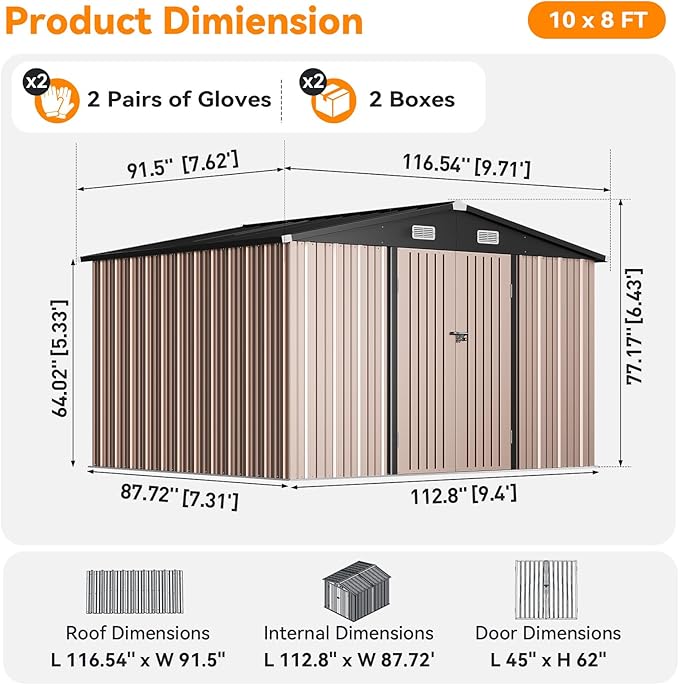 10x8FT Outdoor Storage Shed, Metal Garden Shed with Lockable Double Doors & Sloping Roof, Weather-Resistant Tool Shed for Backyard, Patio, Poolside Brown