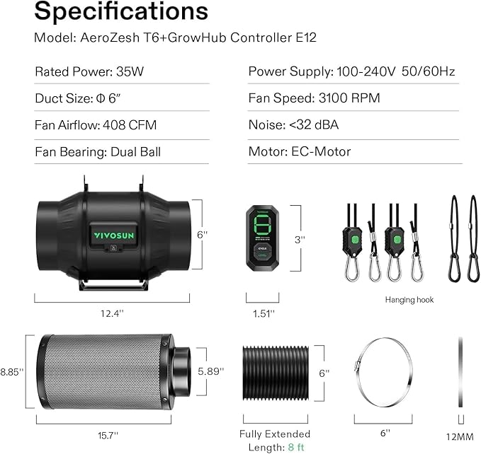 VIVOSUN Smart Air Filtration T6 Kit 6", AeroZesh T6 Inline Duct Fan with E12 Speed Controller, Carbon Filter & 8' Ducting, Cooling & Ventilation System for Grow Tents, Indoor Gardening, Hydroponics