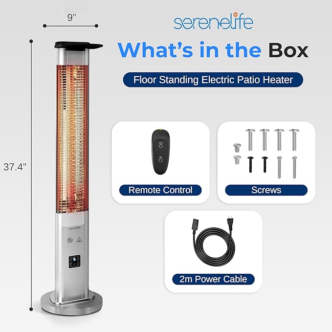 SereneLife Outdoor Electric Patio Heater - 900W Infrared Heater with Remote, Aluminum Reflector, Waterproof Design, IP65 Approved, Quiet Operation, Standing Porch Heater for Patio & Backyard