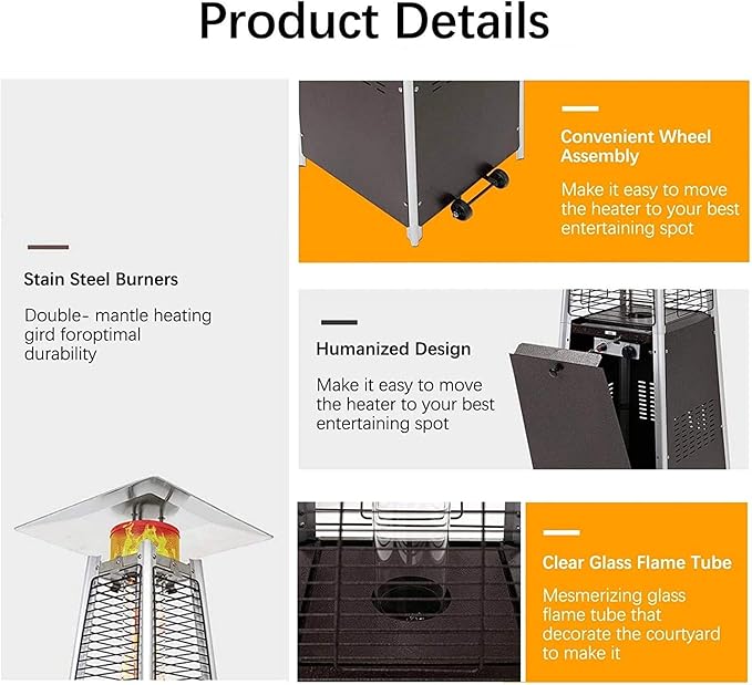 Avenlur Pyramid Patio Heater, 48,000 BTU Outdoor Propane Heater with Quartz Glass Tube, Cover, Ignition & Wheels — Freestanding Gas Heater for Backyard, Deck & Patio (Stainless Steel)