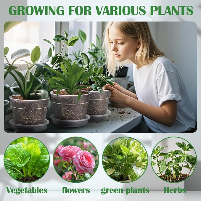 12 Pack 7 Inch Clear Nursery Pots with Saucer, Transparent Plastic Plant Pots with Drainage Holes, Sturdy Plant Starter Pots, Planter Pot for Planting Succulent Flower Herb Vegetable, Gardening Gifts