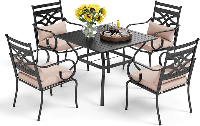 PHI VILLA 5 Pcs Patio Dining Set,Outdoor Table Chair Set for 4 with Outdoor Chairs and Metal Frame Steel Square Table,Outdoor Dining Furniture with Cushion and Pillow for Garden Lawn Deck