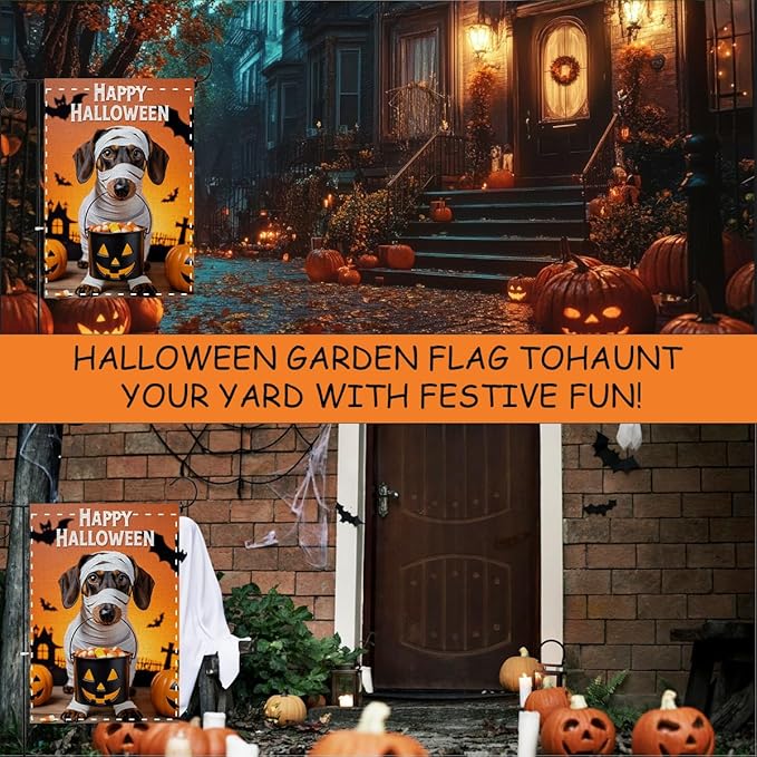 Fokongna Happy Halloween Dog Garden Flag, Halloween Pumpkin Yard Decor Flag, 12x18 Inch Burlap Vertical Double Sided Flags, for Home Yard Outside Decorations