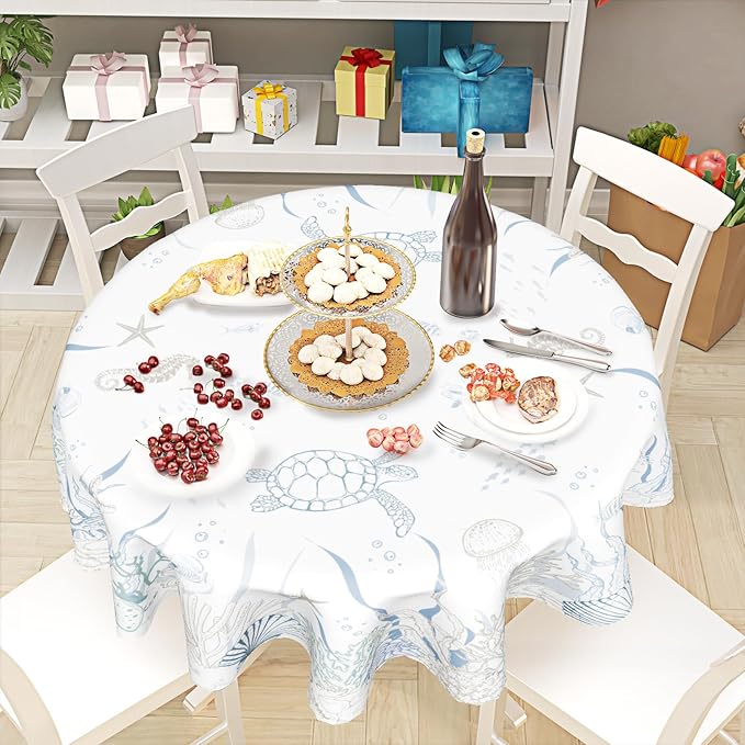 Giwawa Nautical Coastal Round Tablecloth 60 Inch, Ocean Sea Turtle Seahorse Coral Seaweed Starfish Washable Reusable Table Cover for Dining Room Party Picnic Dinner Decor