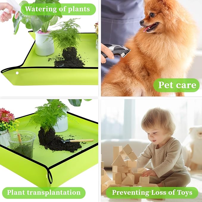 SupKing Repotting Mat 29.5"x 29.5" for Indoor Plant Transplanting Green Large Garden Mat Gift for Plant Lovers Oxford Fabric Portable Potting Tray for Gardening Mess Control