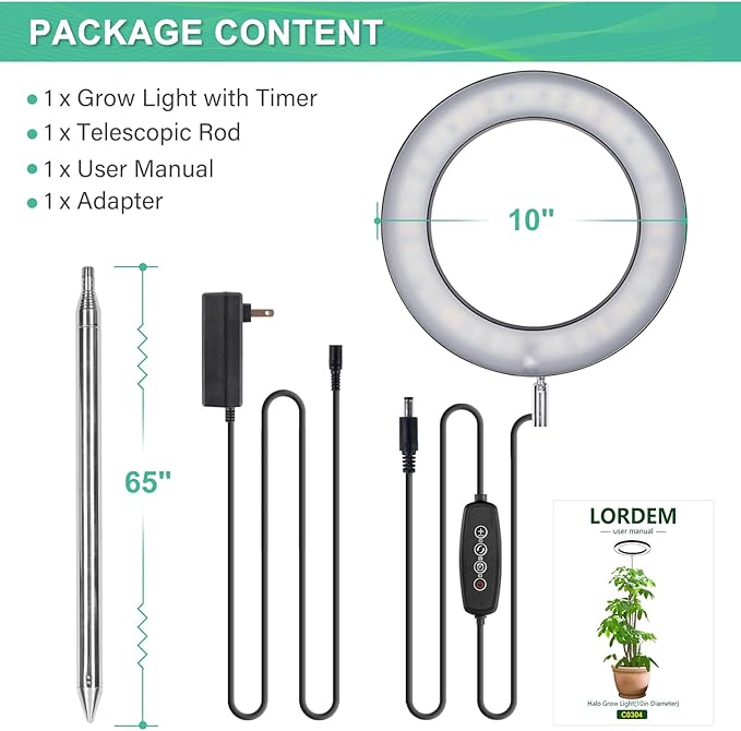 LORDEM 10" Full Spectrum Grow Light, 160 LEDs Plant Lamp for Indoor Plants, Grow Lamp with 4/8/12H Auto Timer, 10 Dimmable Levels, 3 Spectrum Modes, 65" Height Adjustable, Ideal for Large Tall Plants