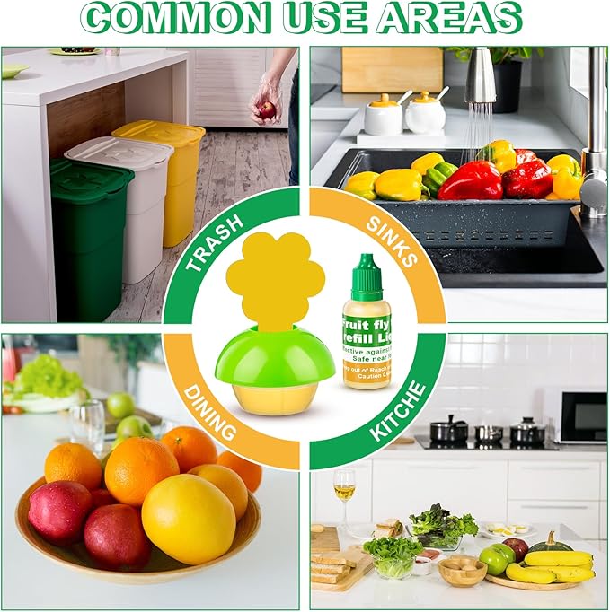 Qualirey Fruit Fly Trap for Indoors, 4 Pack Fruit Fly Trap with 4 Refill Liquid and 60 Yellow Sticky Pads, Safe Near Pets, Food and Kids, Fruit Flies Lure Liquid Trap for Home Kitchen