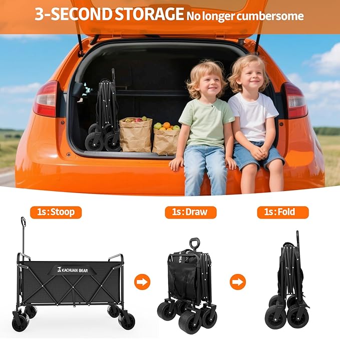 300L Large Collapsible Wagons Carts with Big All-Terrain Beach Wheels, Foldable Shopping Wagon Cart, Heavy Duty 480lbs Load, Folding Utility Cart for Groceries Garden Sport (Black)