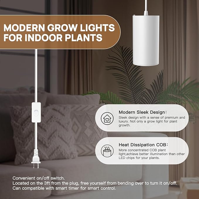 STERREN LED Grow Light, White Plug in Hanging Lights for Indoor Plants, Full Spectrum Grow Lights with On/Off Switch, Decorative Pendant Lights with 21 Ft Height Adjustable Power Cord