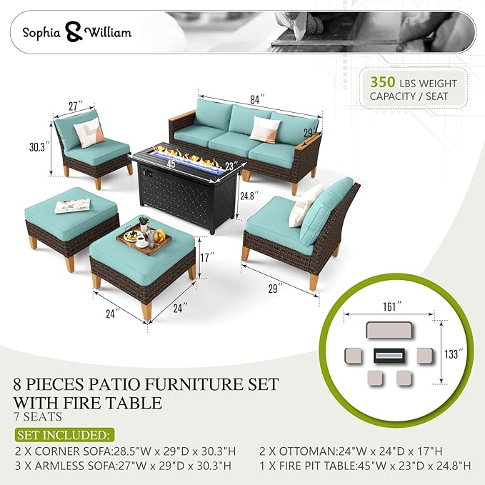 Sophia & William Patio Furniture Set with Fire Pit Table, 8 Piece Outdoor Wicker Furniture Sectional Sofa, Large Patio Rattan Conversation Set with Ottoman & 45" Fire Pit Table(Aqua Blue)