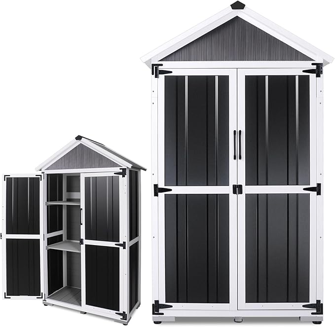 Outdoor Storage shed Small Storage shed with Floor Wooden Frame Lockable Metal Door Adjustable Shelves Cabinets Waterproof Large Capacity Storage Tool Cabinet Box for Backyard Garden Patio Lawn
