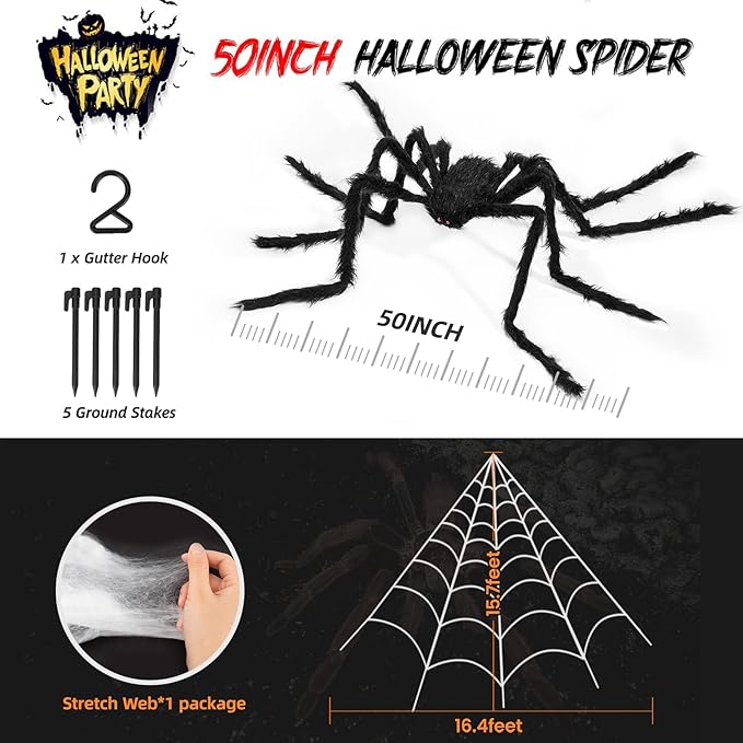 Spider Webs Halloween Decorations Outdoor, 16.4 x 15.7 ft Triangular Spider Web + 50‘’ Scary Giant Spider, 20 g Stretch Cobwebs Outdoor Halloween Decorations for Outside Yard Garden Lawn Party
