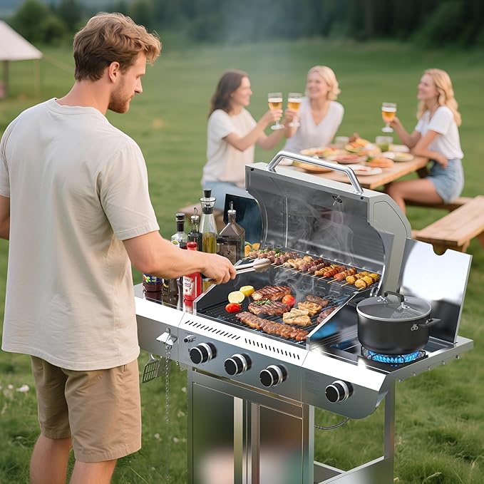 G31Pro Gas Grill,Heavy-Duty Stainless Steel Propane Gas Grill.3 Burner Gas Grill with Side Burner,34000 BTU BBQ Grill for Outdoor Cooking,Barbecue,Garden and Patio Backyard