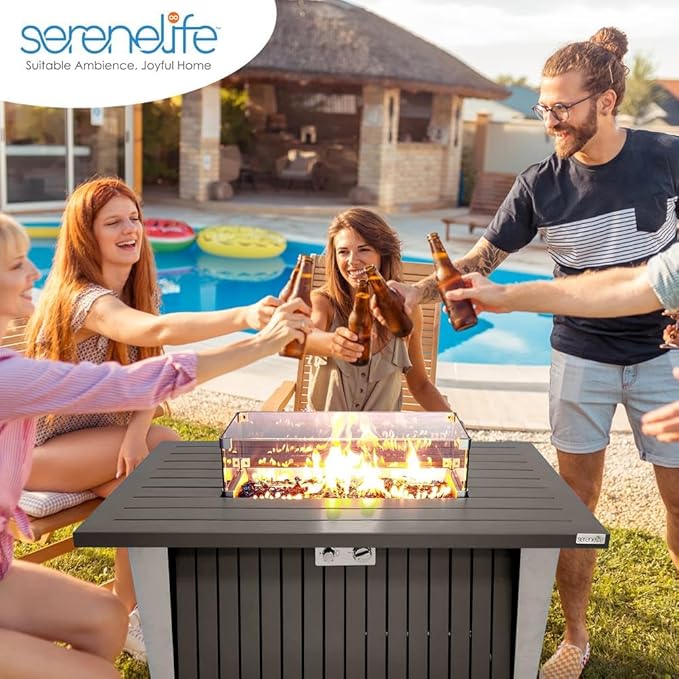SereneLife Outdoor Propane Fire Pit Table - CSA/ETL Certified 50,000 BTU Pulse Ignition Weatherproof Rectangle Propane Gas Fire Table w/Adjustable Flame - Glass Rocks Wind Guard, Black SLFPSX55