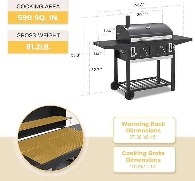 DIFY Extra Large Charcoal Grill with 589 Sq. In. Cooking Area and Foldable Side Table, Outdoor Barbecue Grill with a Liftable Charcoal Tray for Outdoor Picnic and Camping Grilling, Black