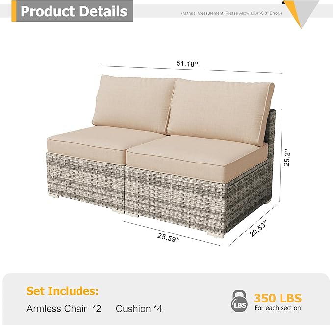 HOOOWOOO Patio Sectional Furniture Set,2 Piece Couch Set with 2 Matching Armless Chairs(Beige)